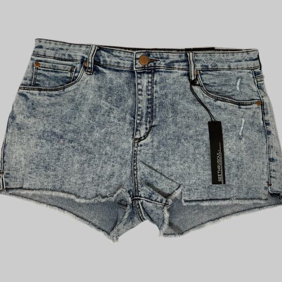 SeeThruSoul Denim Jean Shorts | Acid Light Wash | High Rise | Boyfriend Short - Picture 2 of 4